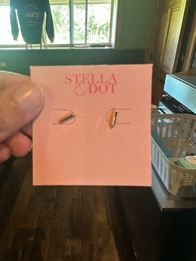 Stella & Dot Gold Bar Stud Earrings on Pink Cardstock